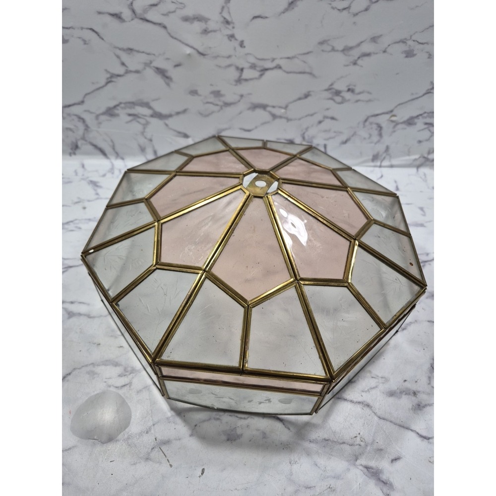 Beveled Glass Flush Mount Ceiling Light 13" Hollywood Regency Glam Brass Leaded